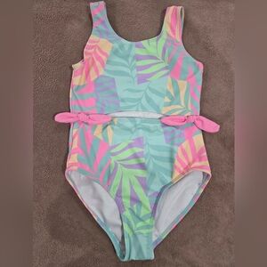 Magic Pastel Leaf-Print One-Piece Swimsuit with Pink Side Ties